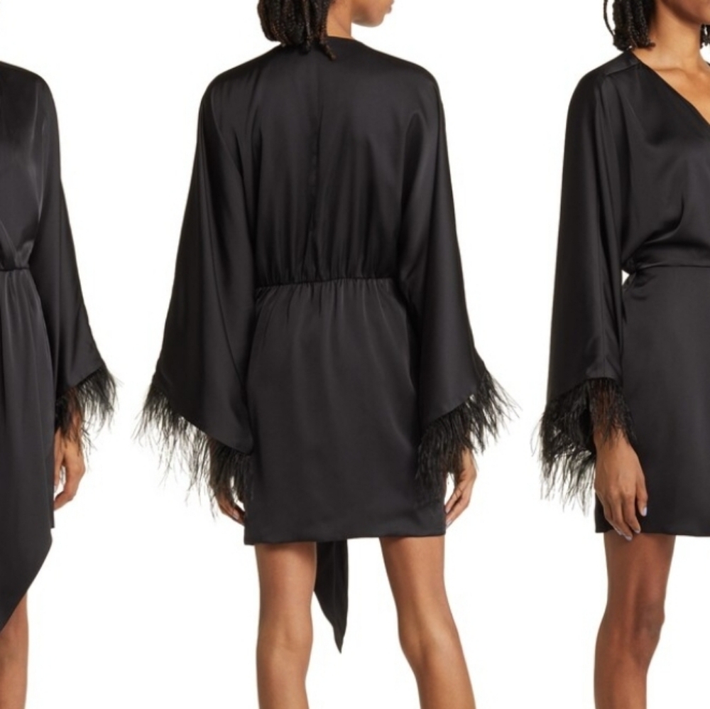 Charles Henry Black Asymmetrical Wrap Ostrich Feather Bell Sleeve Tunic Dress M View 5